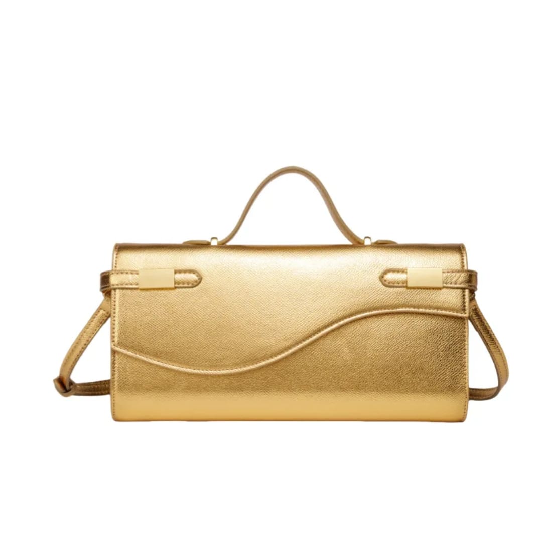 Elegant White Wave-Flap Handbag with Gold Hardware – Structured Top-Handle & Crossbody Bag for Women