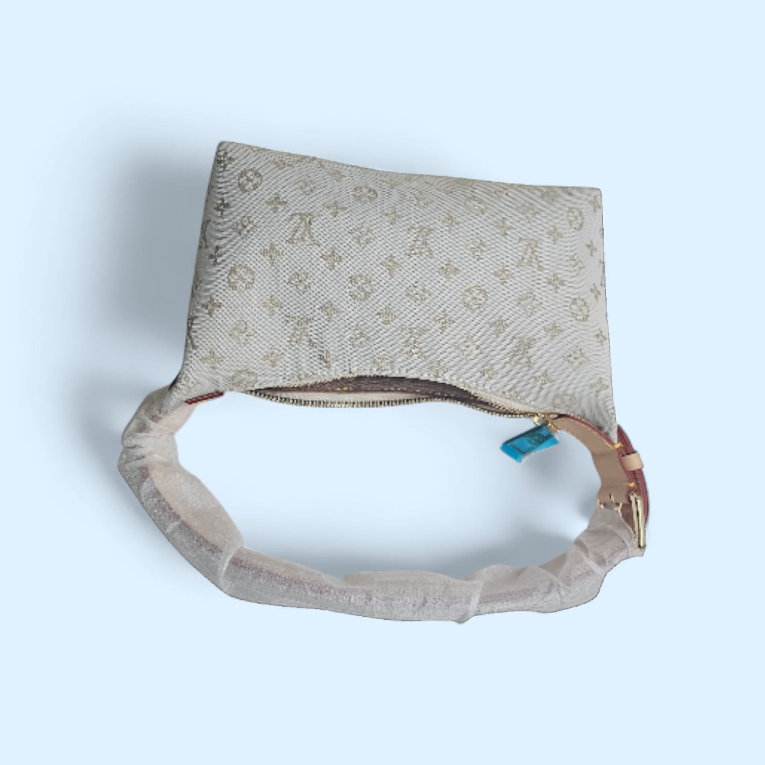 Beige Monogram Shoulder Bag for Women – Designer Inspired Handbag with Fixed Strap & Gold Zipper.