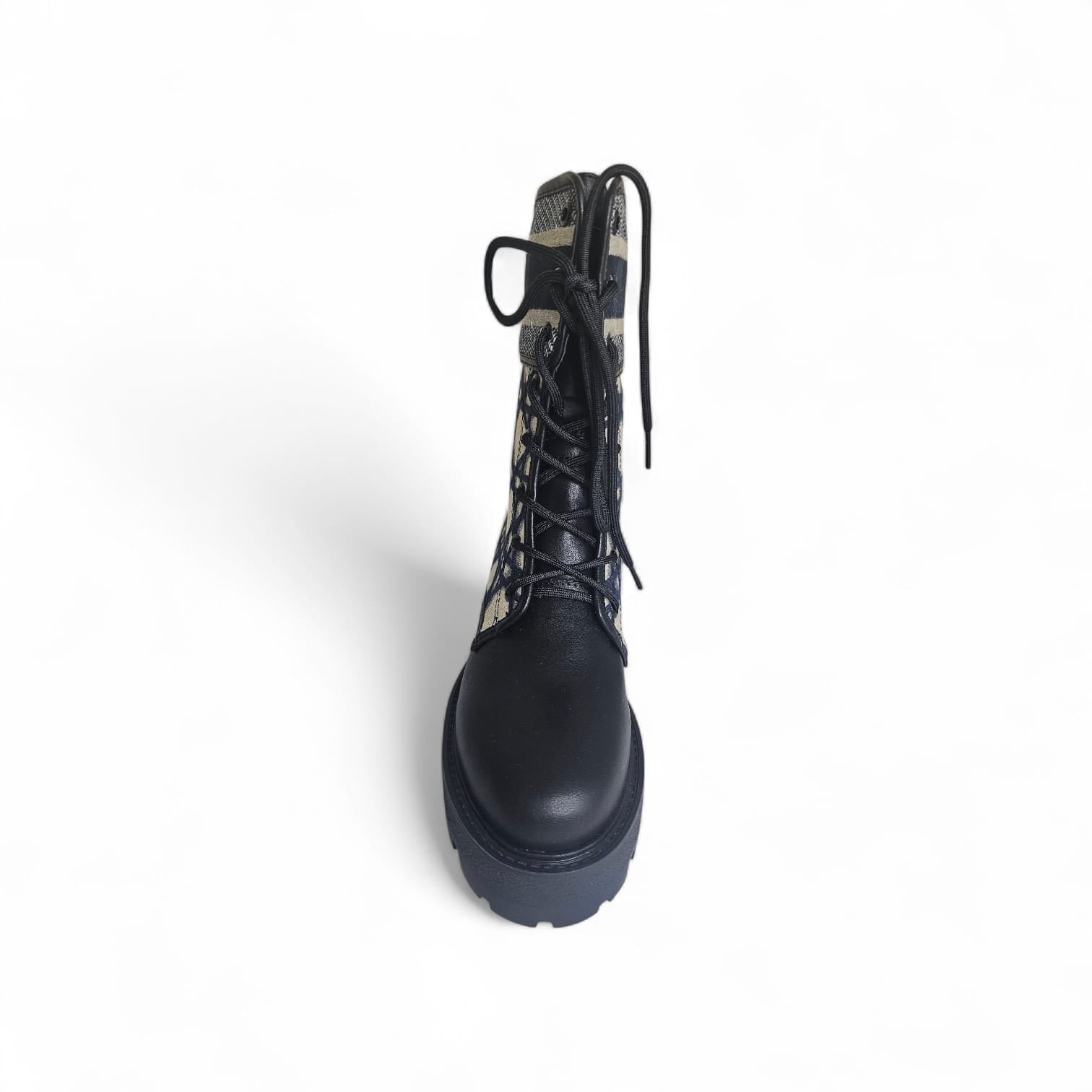 Women’s Designer Lace-Up Winter Boots – Luxury Patterned Canvas & Leather Combat Style